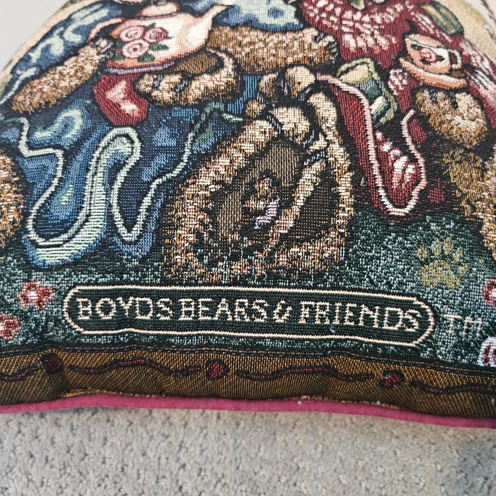 Vintage Boyds Bears & Friends Tea Party Woven Tapestry Throw Pillow 15x15 Rose